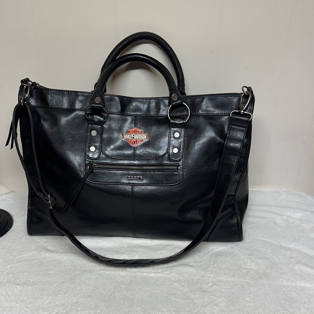 Harley-Davidson-Victoria Secret Black Leather Duffel/Tote Bag - Picture 1 of 16